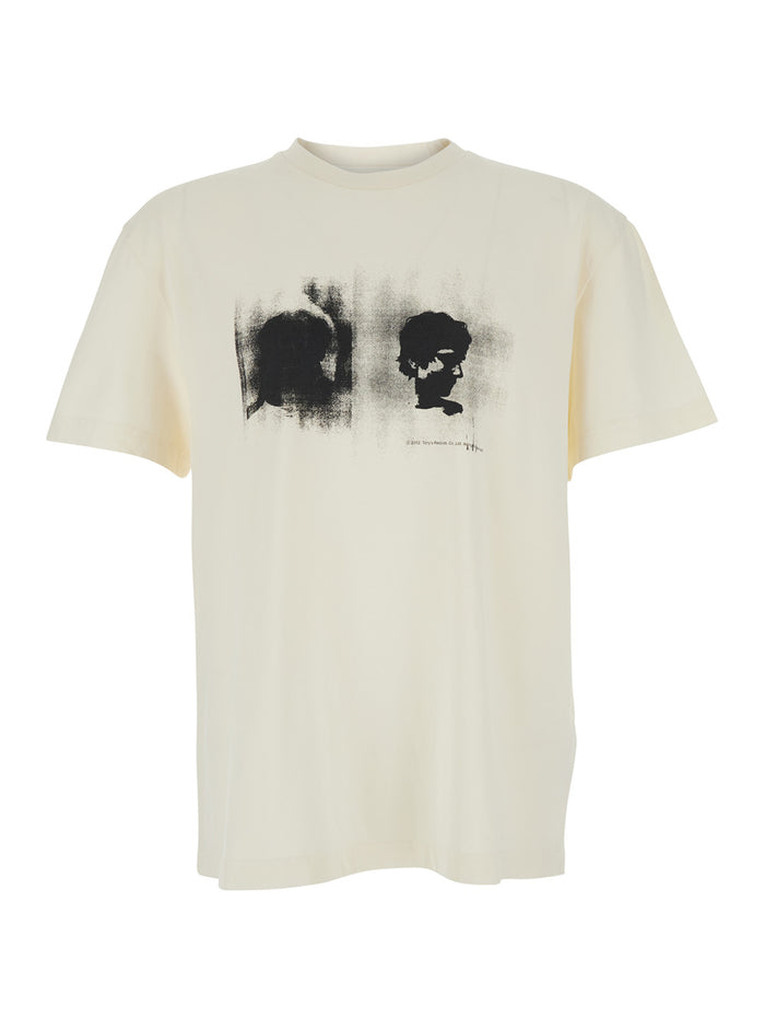 White Crewneck T-Shirt with Print on the Front in Cotton Man Tshirts And Polo Shirts