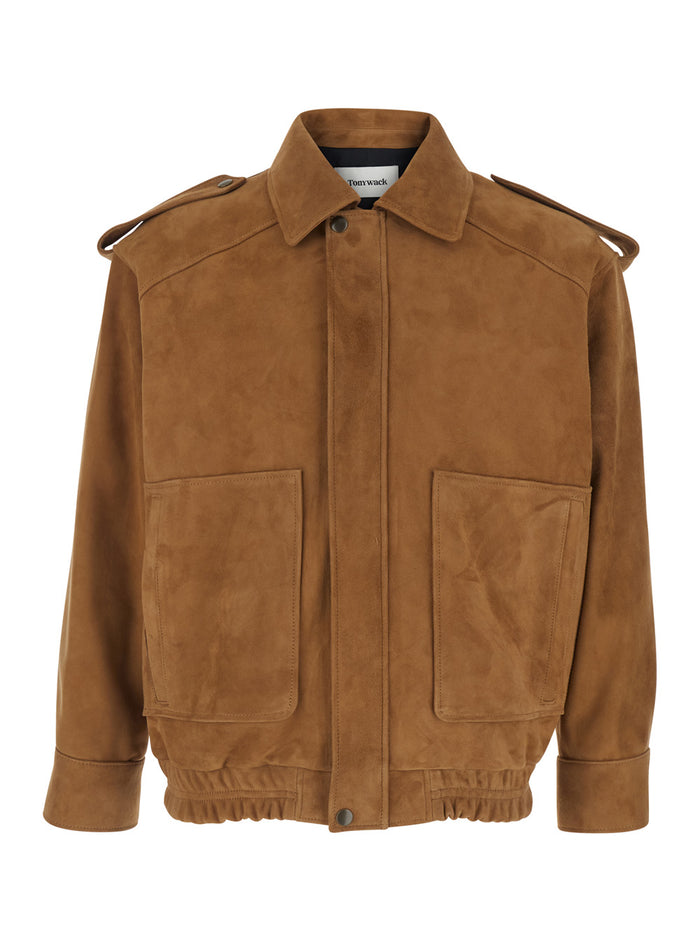 Brown Suede Jacket with Classic Collar and Elasticized Waist for Men Goat Outerwear