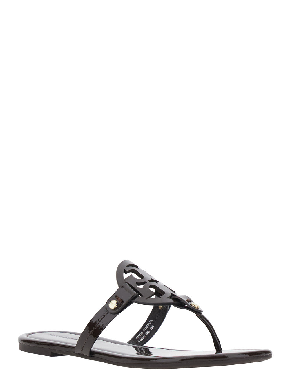 Womens Black Miller Logo Tone-on-Tone Thong Sandals Brown Calf Flat Shoes