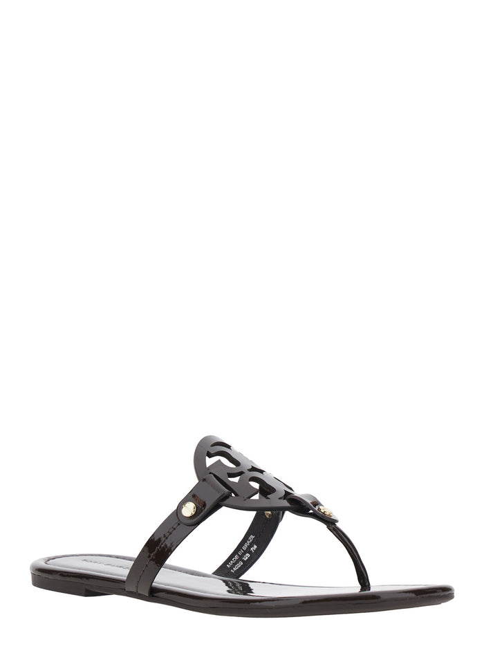 Womens Black Miller Logo Tone-on-Tone Thong Sandals Brown Calf Flat Shoes