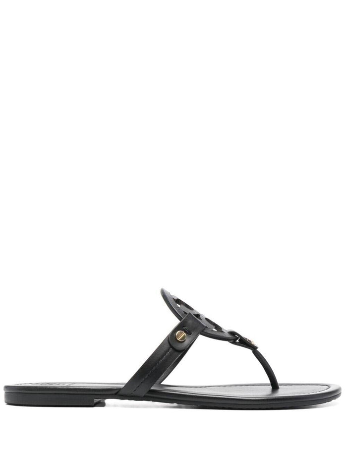 Womens Black Leather Miller Thong Sandal with Tone-on-Tone Logo Flat Shoes