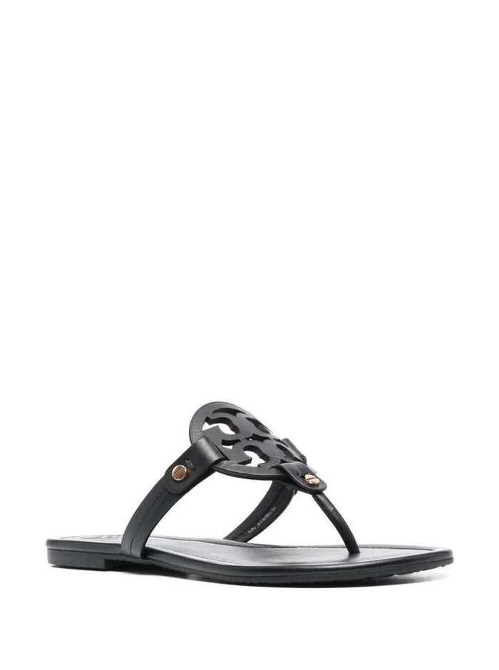 Womens Black Leather Miller Thong Sandal with Tone-on-Tone Logo Flat Shoes