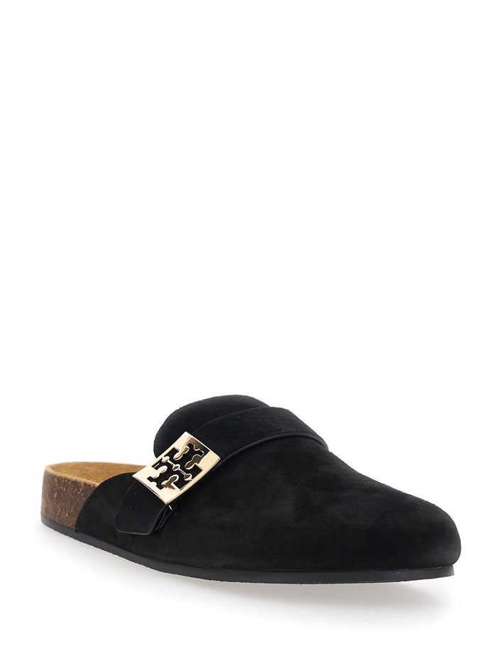 Mule Slip-On Mellow with Metal Logo Buckle in Black Suede for Women Bovine Flat Shoes