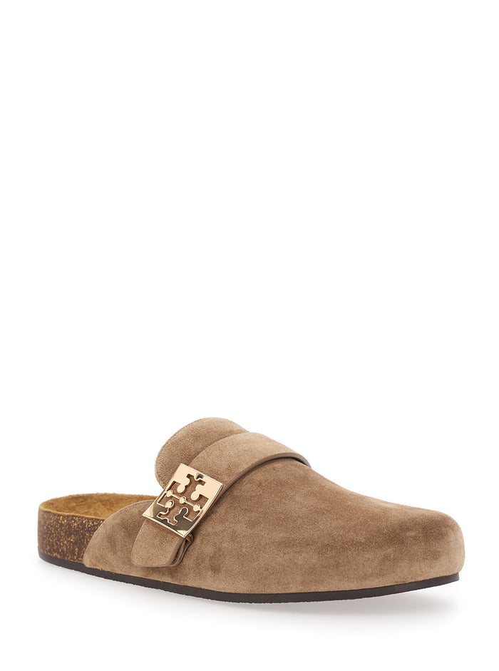Beige Suede Mellow Slip-On Mule with Metal Logo Buckle for Women Bovine Flat Shoes
