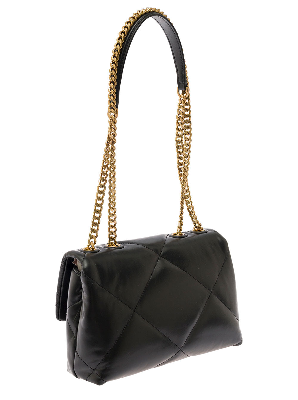 Kira Diamond Black Shoulder Bag With Two Handles Chain And Logo Plate On The Front Quilted Leather For Women Cow