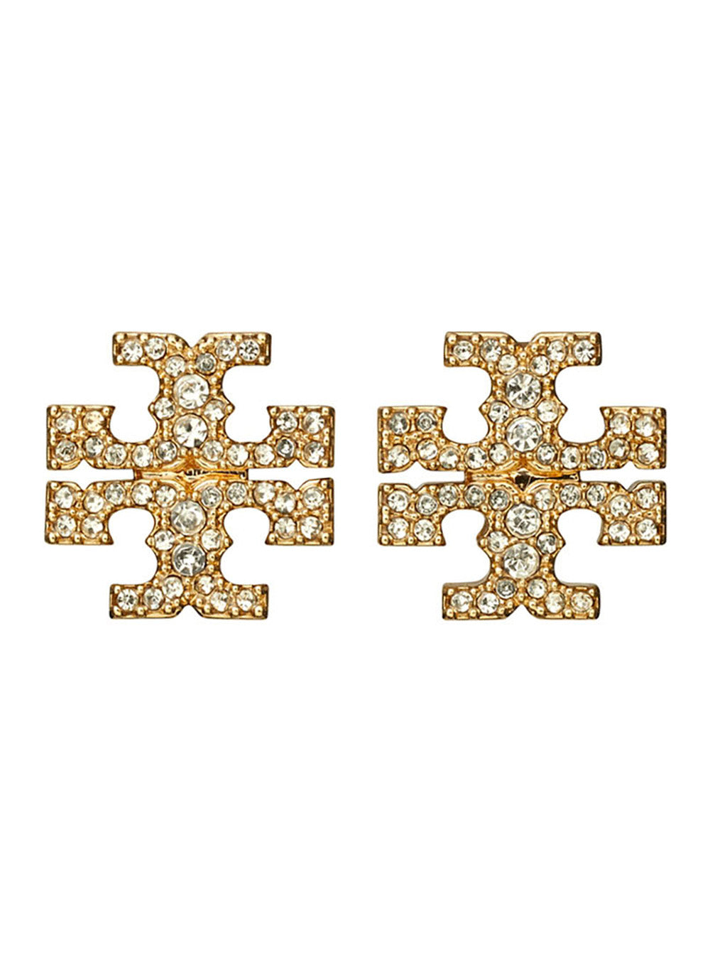 Kira Earrings with Double T Motif and Crystal Decoration in Gold-Plated Brass for Women Metallic