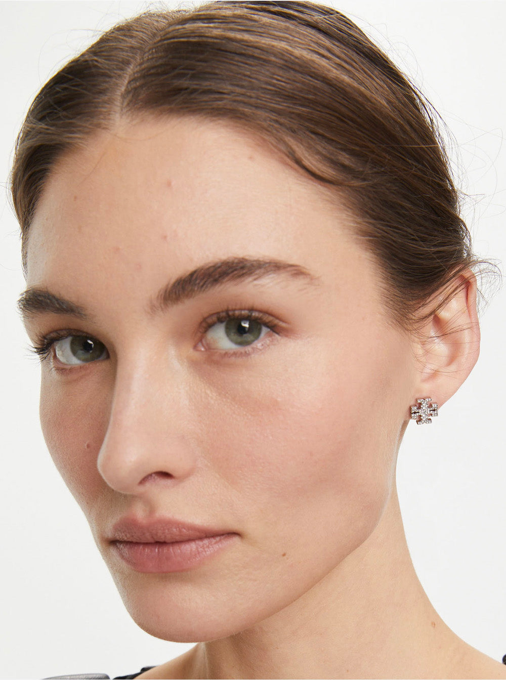 Kira Earrings with Double T Motif and Crystal Decoration in Gold-Plated Brass for Women Metallic