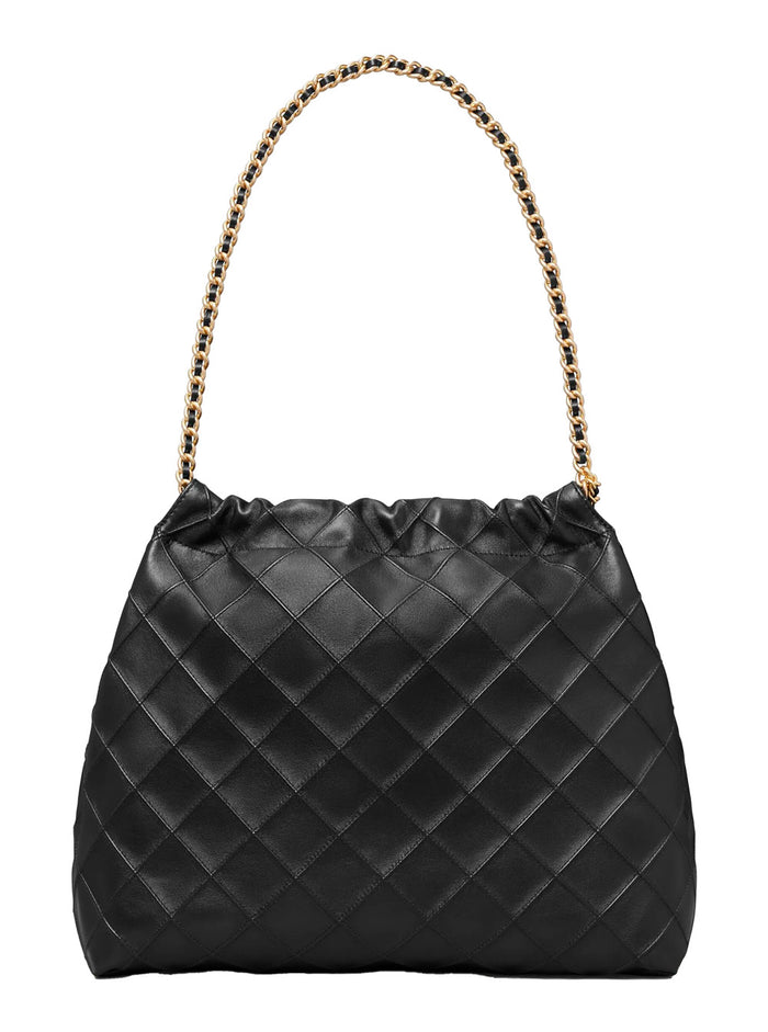 Shoulder Bag Fleming with Chain Handles and Diamond Quilting in Black Leather for Women Lamb