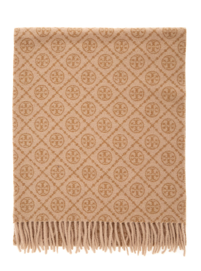 Beige Scarf with All-Over T Motif Monogram and Fringed Edges in Wool Woman Cashmere Scarfs Foulards