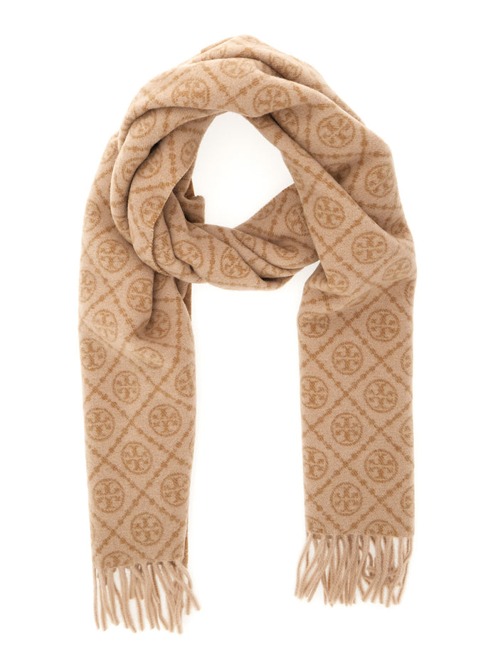 Beige Scarf with All-Over T Motif Monogram and Fringed Edges in Wool Woman Cashmere Scarfs Foulards