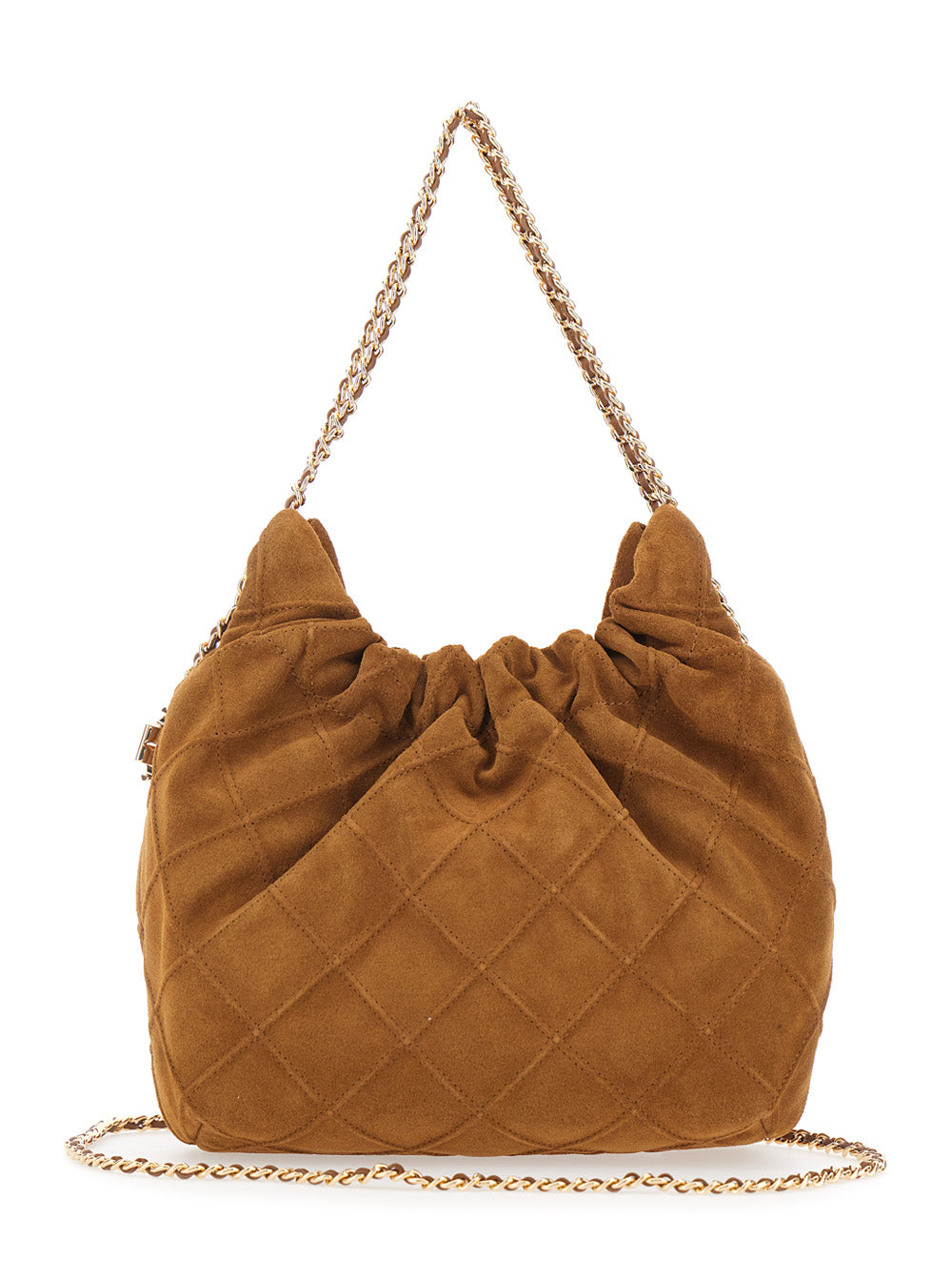 Shoulder Bag Fleming Mini with Chain Strap and Metal Logo Pendant in Brown Suede for Women Bovine