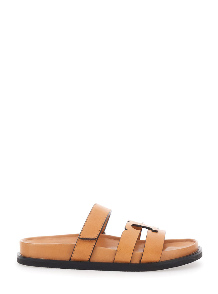 Ines Sandals with Strap and Logo Band in Brown Leather for Women Bovine Flat Shoes
