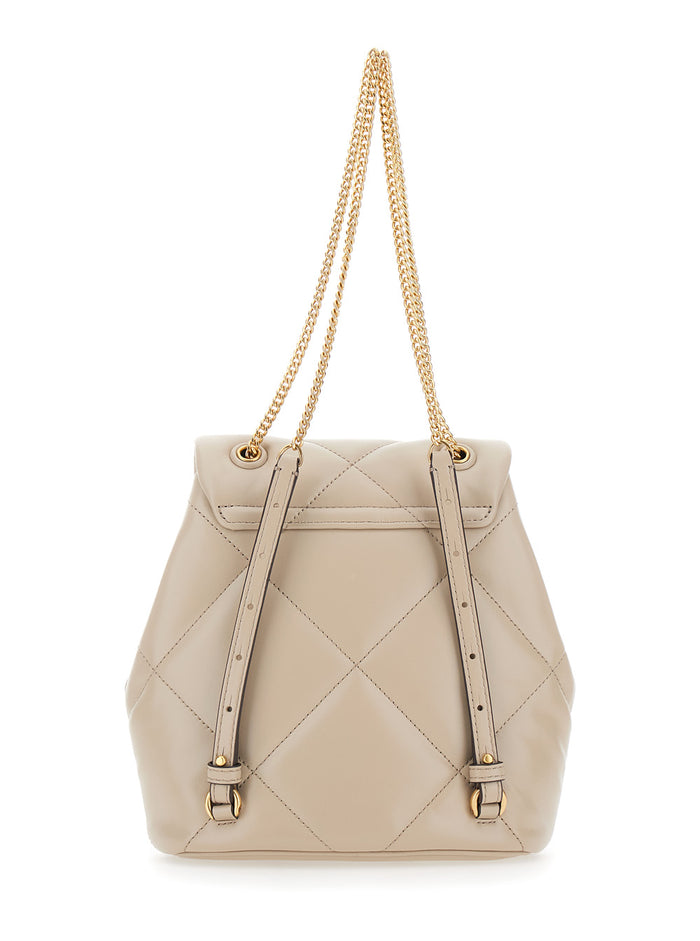 Kira Backpack with Metallic Logo Plate on Front in Quilted Beige Leather for Women Cow Backpacks And Belt Bags