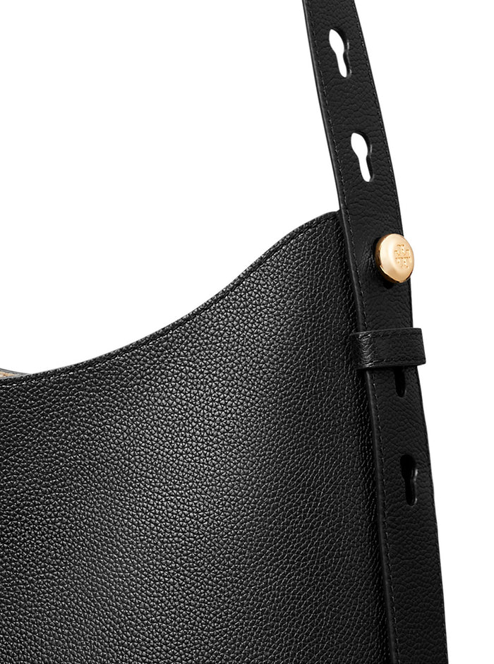 Rony Black Shoulder Bag with Thin Strap and Logo Button in Leather Woman Cow