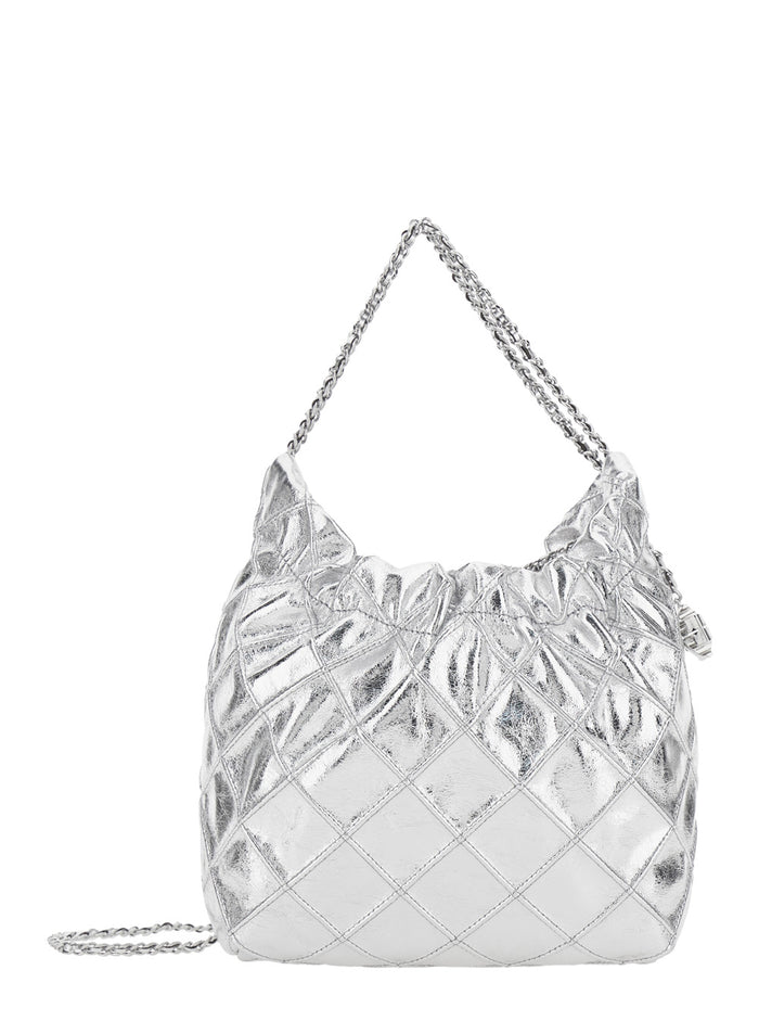 Shoulder Bag Fleming Mini with Chain Strap and Metallic Logo Pendant in Silver for Women Cow