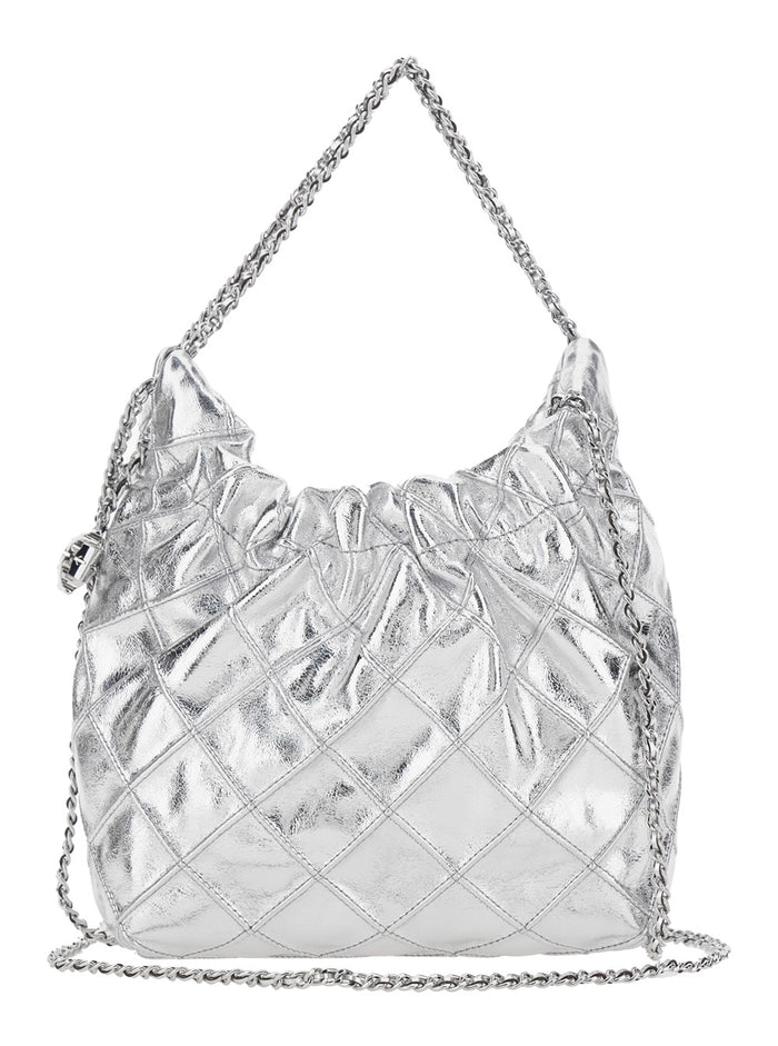Shoulder Bag Fleming Mini with Chain Strap and Metallic Logo Pendant in Silver for Women Cow