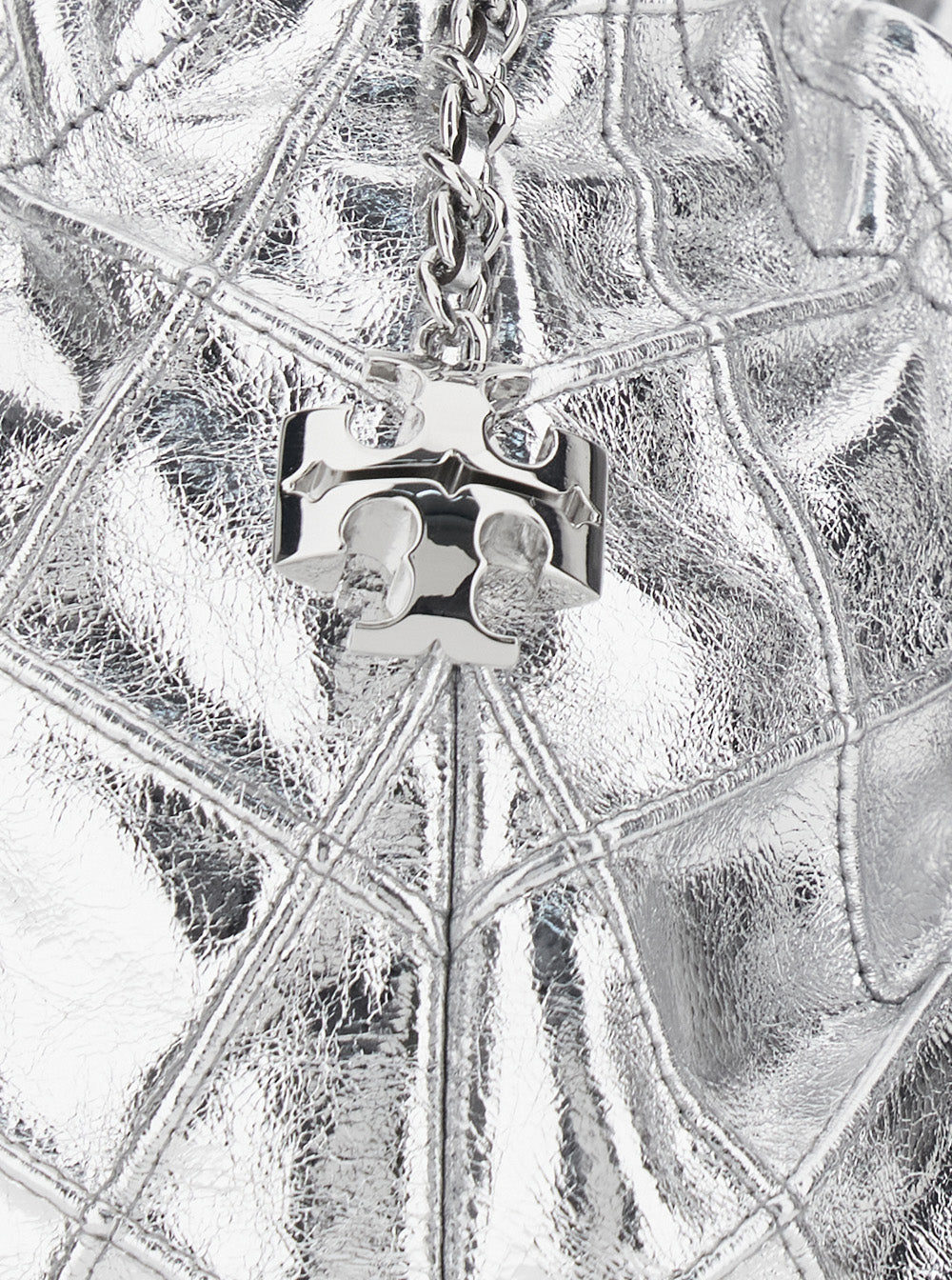 Shoulder Bag Fleming Mini with Chain Strap and Metallic Logo Pendant in Silver for Women Cow