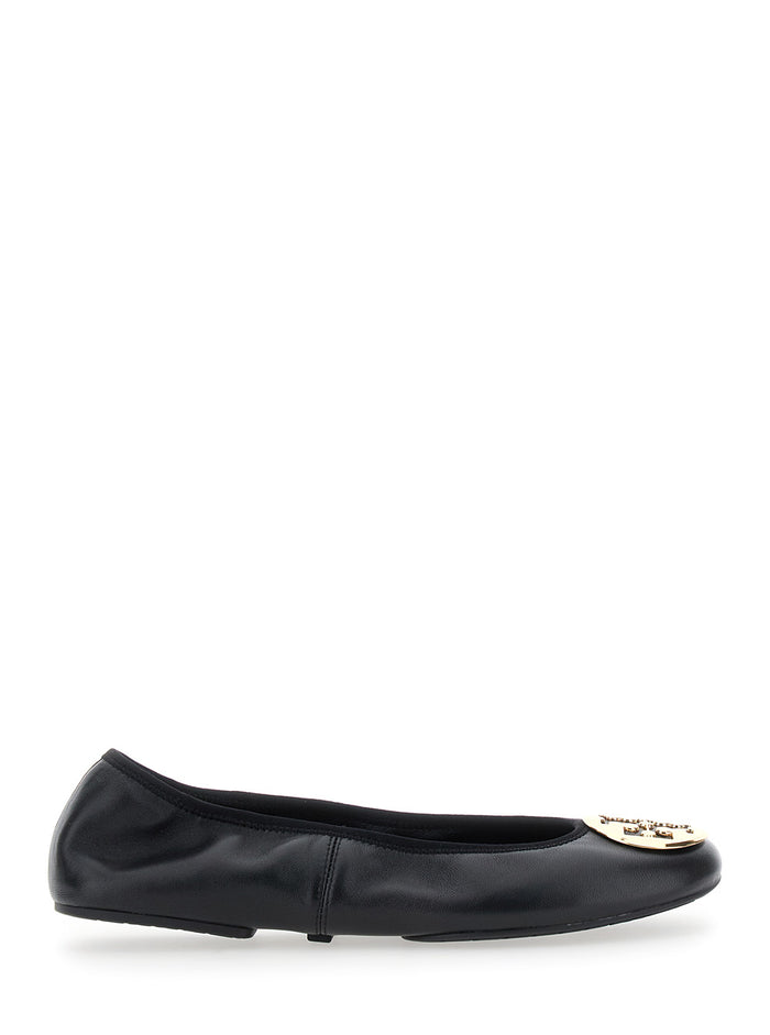 Black Tory Ballet Shoes with Logo Plate on the Front in Leather for Women Ovine Nylon Ballerinas