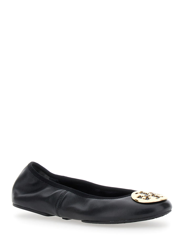 Black Tory Ballet Shoes with Logo Plate on the Front in Leather for Women Ovine Nylon Ballerinas