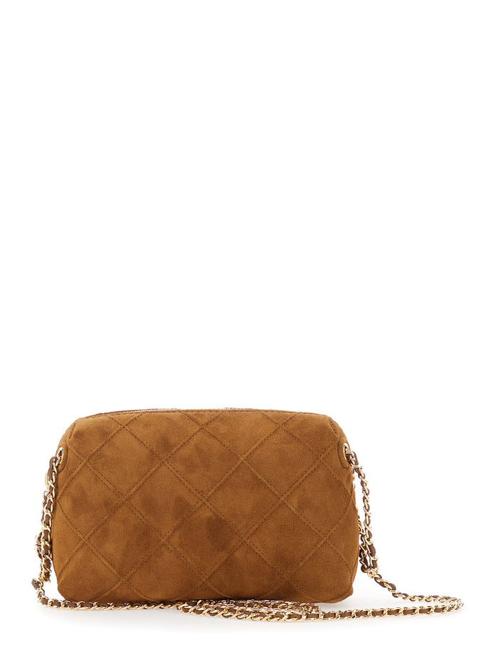 Fleming Shoulder Bag with Chain Strap and Suede Logo Charm Brown Women Bovine Crossbody