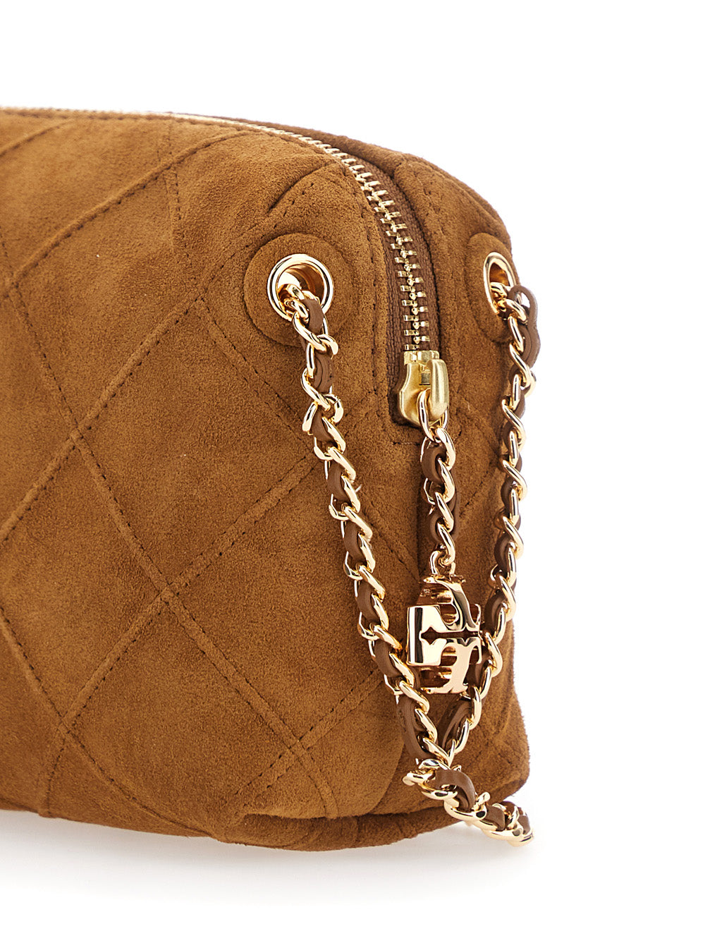 Fleming Shoulder Bag with Chain Strap and Suede Logo Charm Brown Women Bovine Crossbody