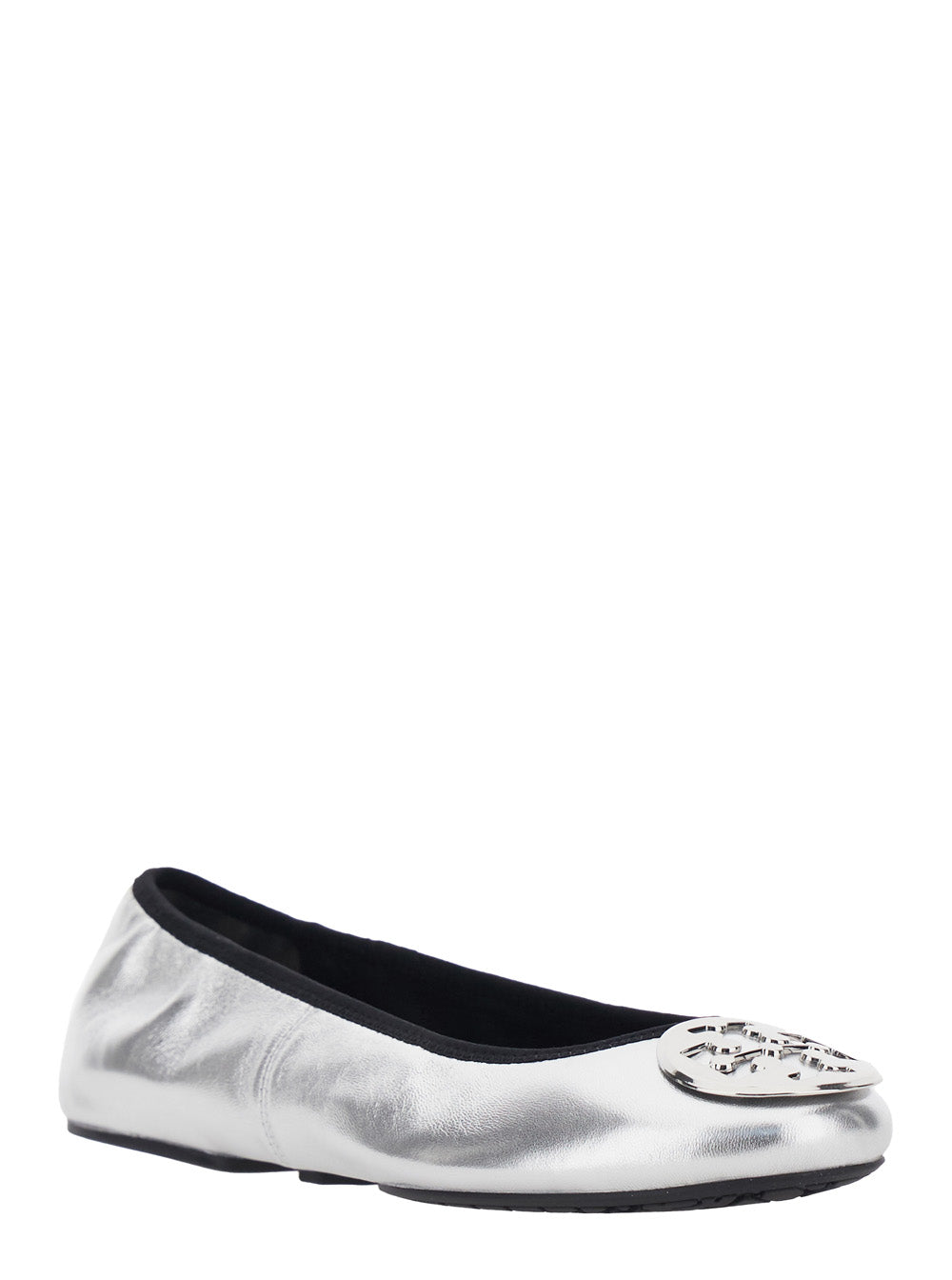 Ballet shoes Tory Burch Silver with Logo Plate on the Front and Ecoleather Elasticized Design for Women Metallic Ovine Nylon Ballerinas