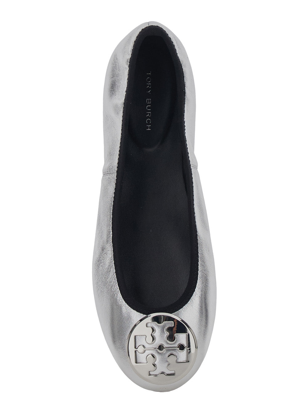 Ballet shoes Tory Burch Silver with Logo Plate on the Front and Ecoleather Elasticized Design for Women Metallic Ovine Nylon Ballerinas