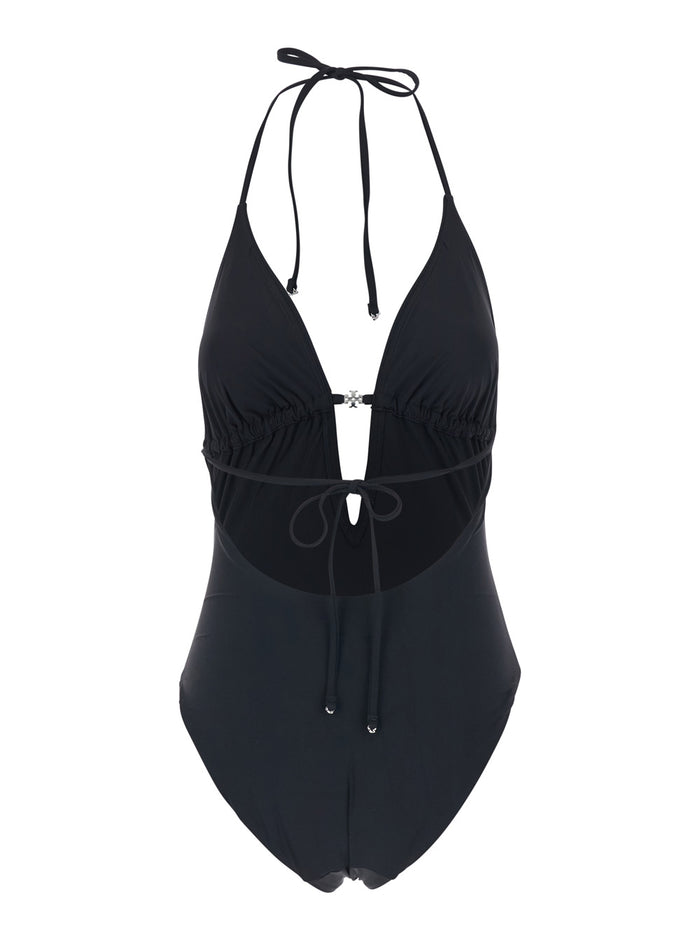 One-Piece Swimsuit Black with Knot Closure and Logo Plate on the Front in Tech Fabric for Women Beachwear