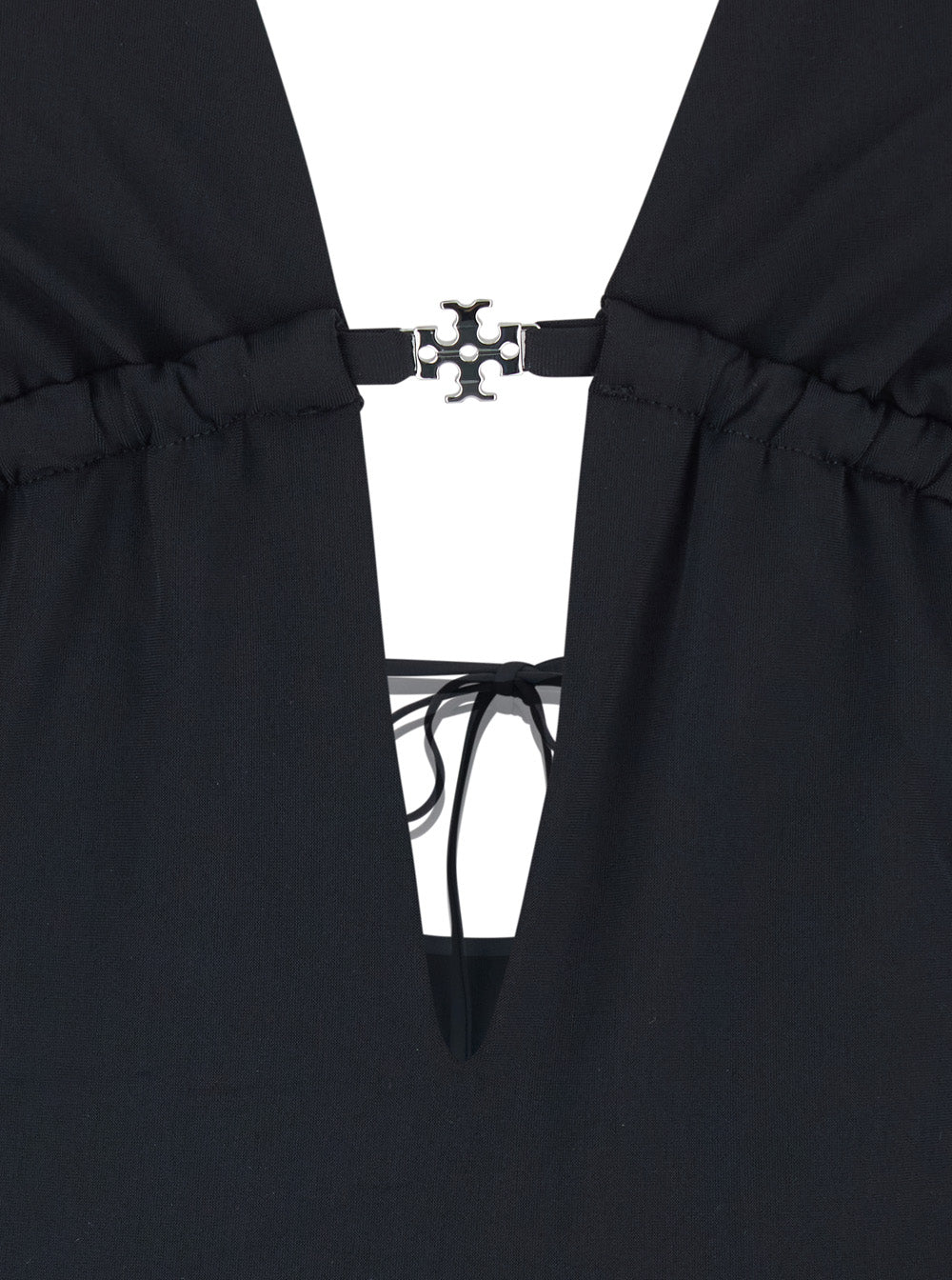 One-Piece Swimsuit Black with Knot Closure and Logo Plate on the Front in Tech Fabric for Women Beachwear