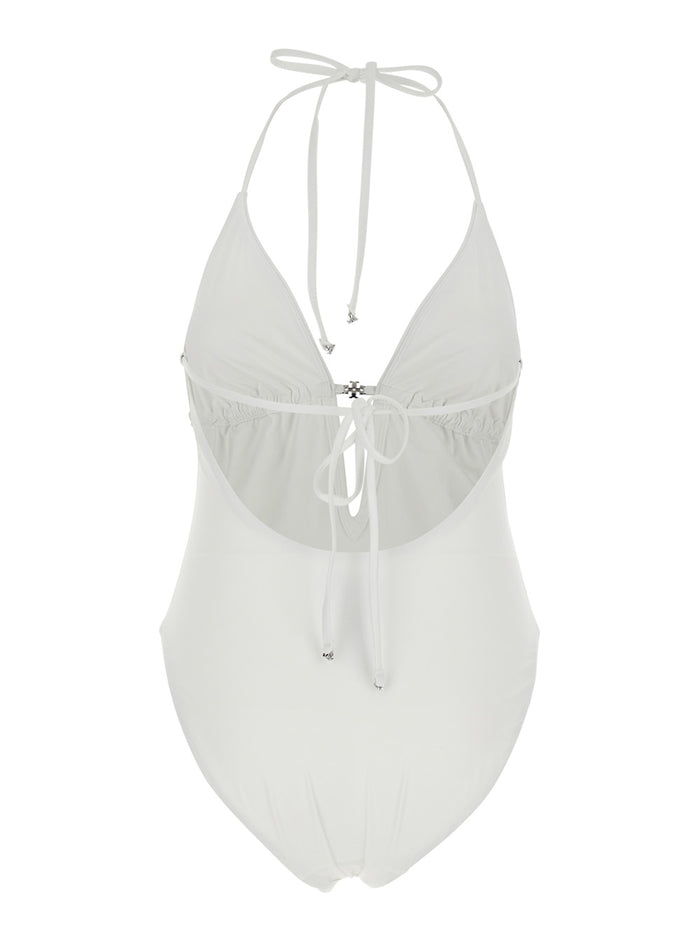 One-Piece Swimsuit with Knot Closure and Logo Plate on the Front in White Tech Fabric for Women Beachwear