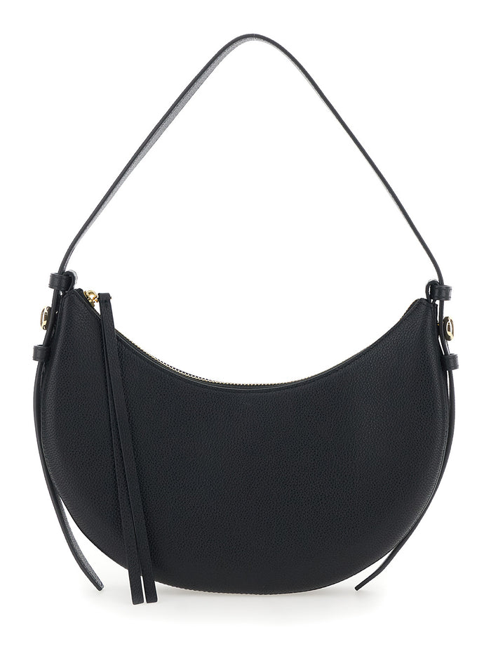 Shoulder Bag Romy Half Moon with Adjustable and Removable Strap Design in Black Hammered Leather for Women Cow