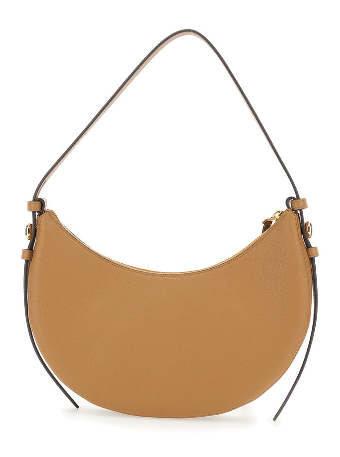 Romy Half Moon Beige Shoulder Bag with Adjustable and Removable Strap in Grained Leather Woman Cow