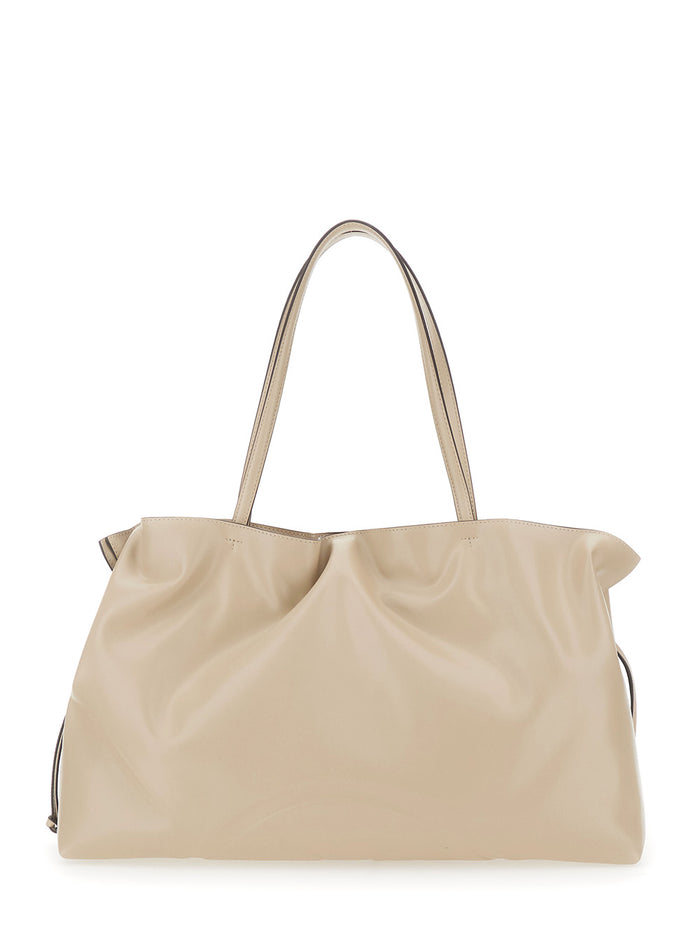 Shoulder Bag Ella with Drawstring Closure and Logo Embossed in Ecoleather Beige Women Polyester