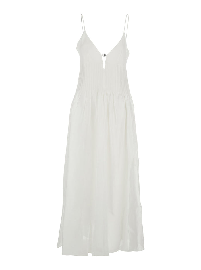 Long Sleeveless Dress with V-Neck and Logo Plate on the Neck in Linen Silk Blend White Women