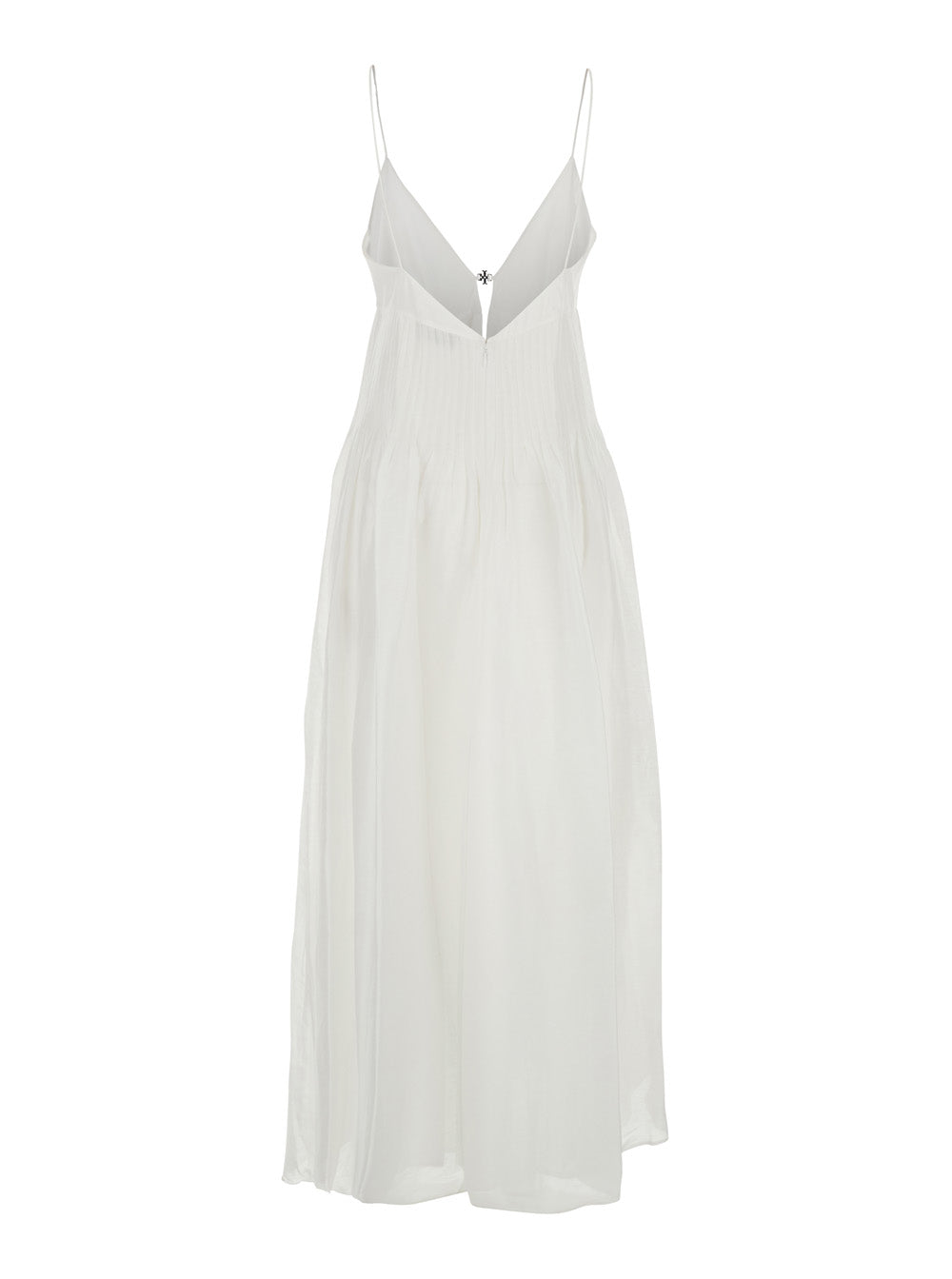 Long Sleeveless Dress with V-Neck and Logo Plate on the Neck in Linen Silk Blend White Women