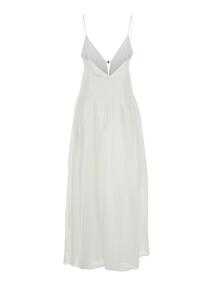Long Sleeveless Dress with V-Neck and Logo Plate on the Neck in Linen Silk Blend White Women