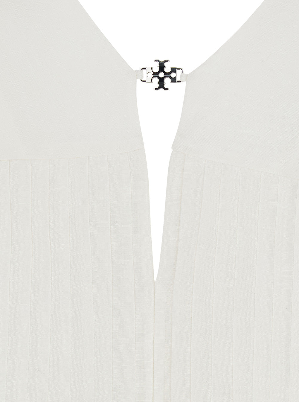 Long Sleeveless Dress with V-Neck and Logo Plate on the Neck in Linen Silk Blend White Women