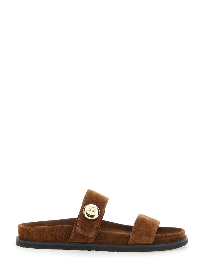 Romy Sandals with Logo Plate on the Front in Brown Suede for Women Bovine Flat Shoes