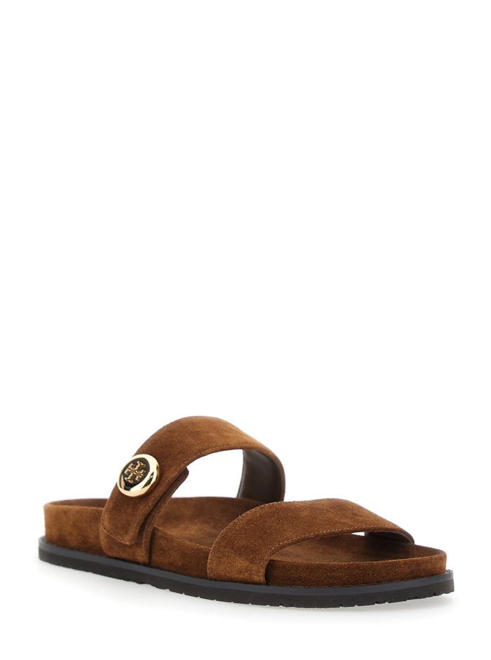 Romy Sandals with Logo Plate on the Front in Brown Suede for Women Bovine Flat Shoes