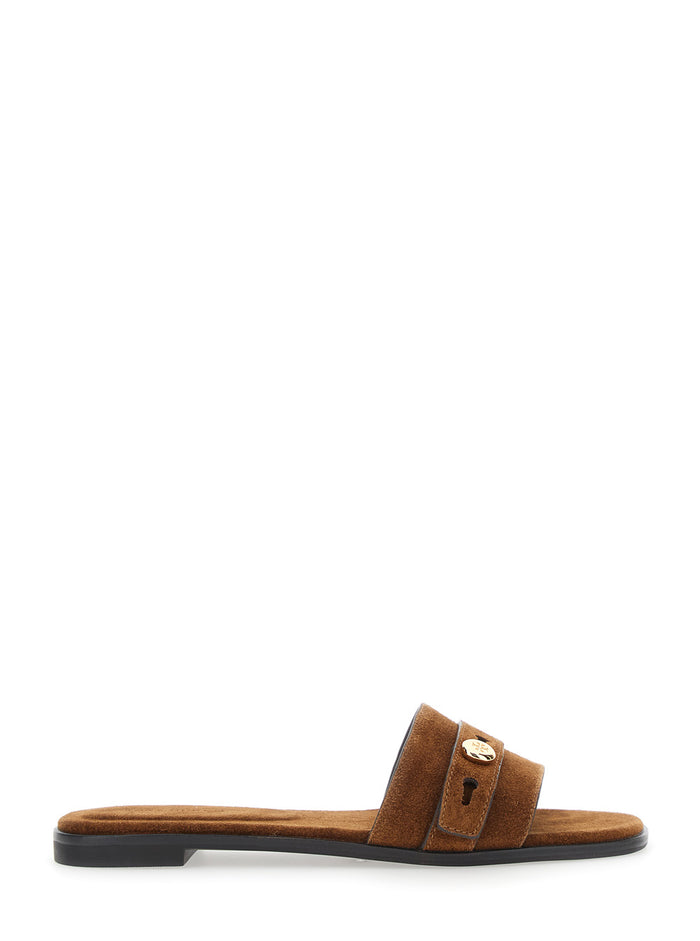 Romy Sandals with Logo Plate on the Front in Brown Suede for Women Bovine Flat Shoes