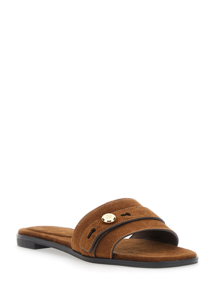 Romy Sandals with Logo Plate on the Front in Brown Suede for Women Bovine Flat Shoes