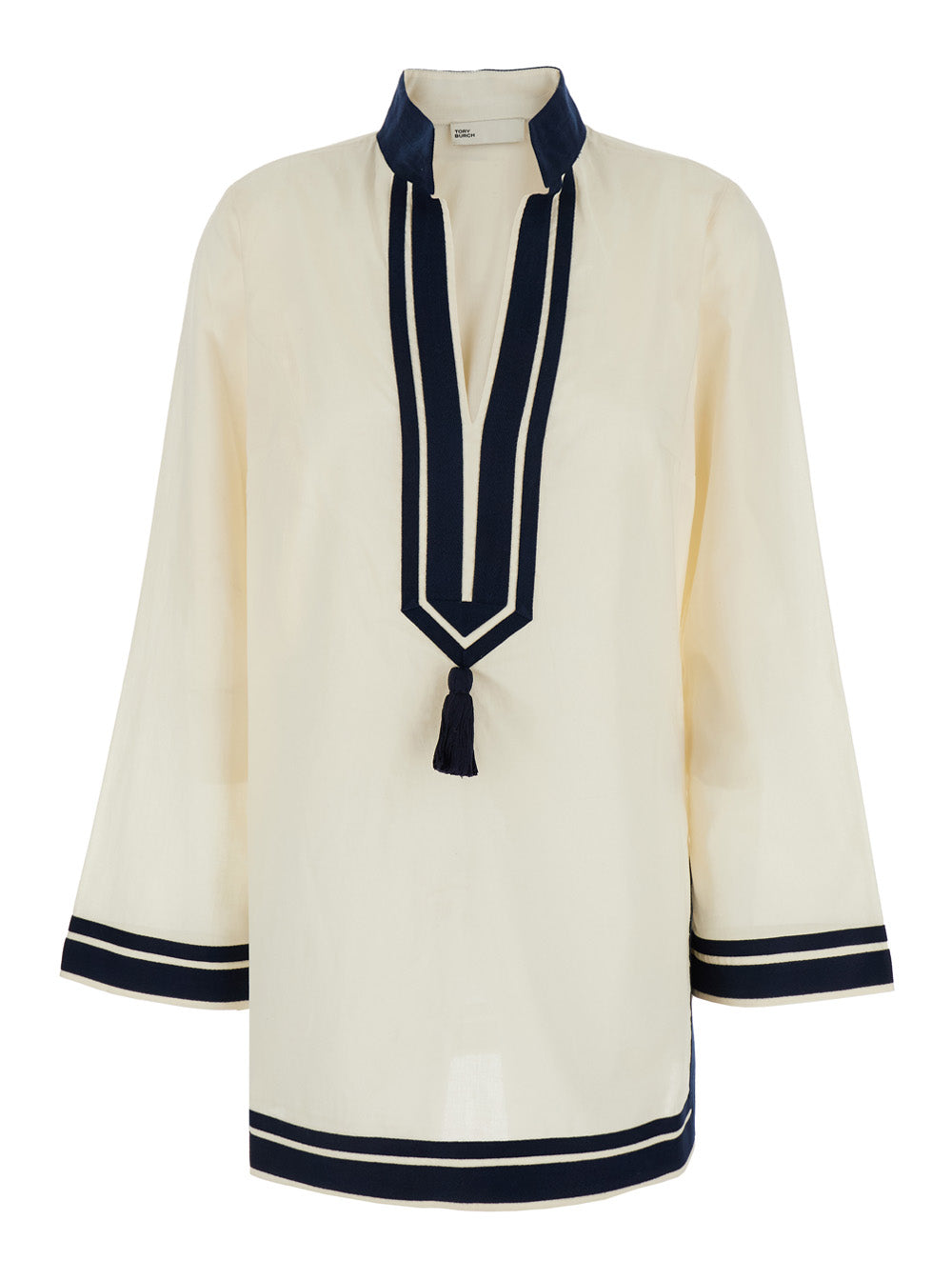 White Caftan with Contrast Details and Cotton Tassel for Women Dress