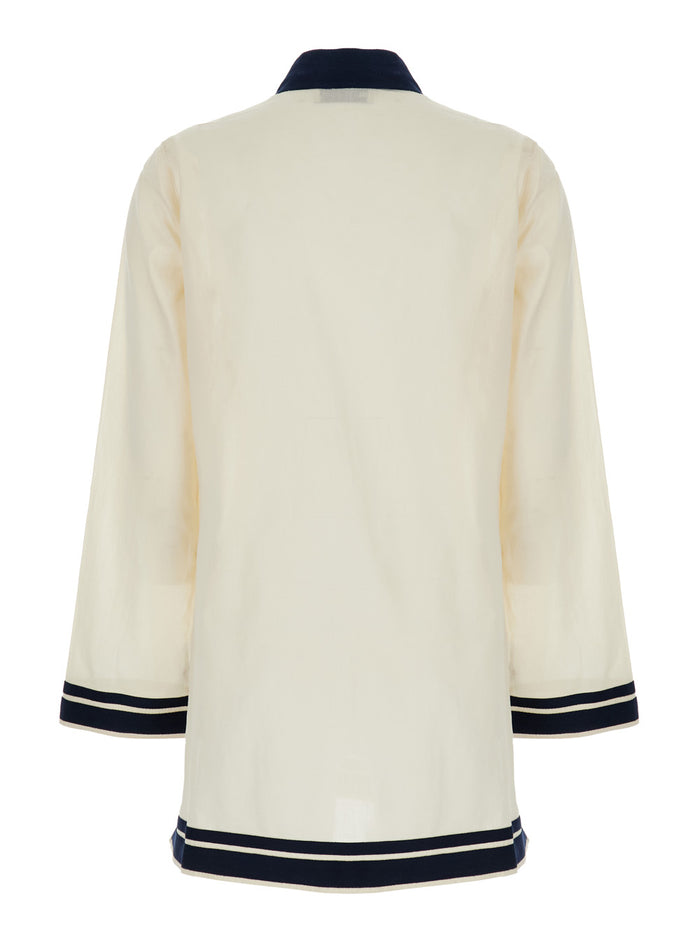 White Caftan with Contrast Details and Cotton Tassel for Women Dress