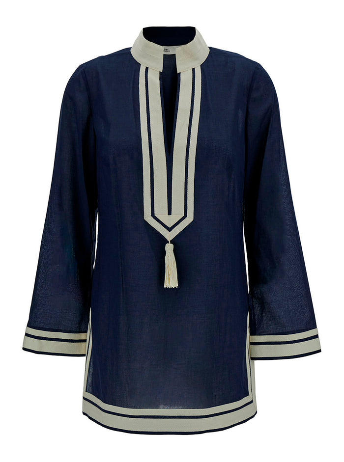 Blue Tunic with Contrast Details and Cotton Tassel for Women Blu Dress