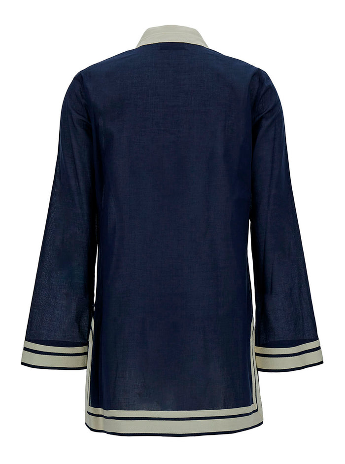 Blue Tunic with Contrast Details and Cotton Tassel for Women Blu Dress