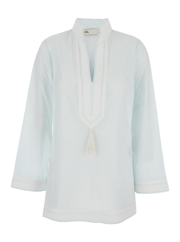 COTTON TORY TUNIC Blue Dress with V-Neck and Long Sleeves in for Women Light