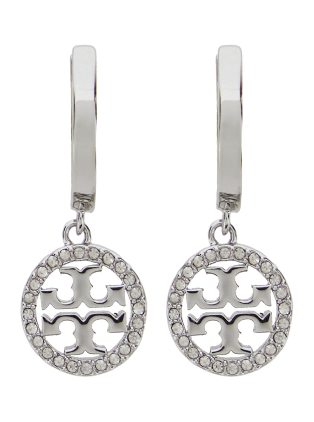 Icon Earrings with Double T Logo Pendant in Brass Blend Plated Silver for Women Metallic Glass Stainless Steel