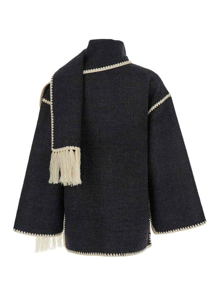 Black Jacket With Scarf Detail On The Front Wool Blend For Women Grey