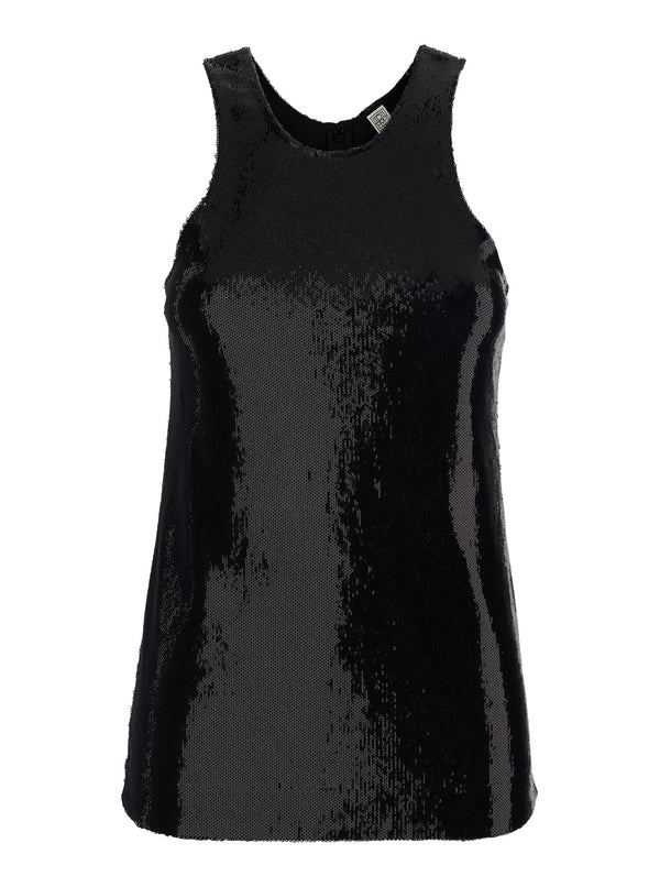 Top With Round Neck, Black Sequin Polyester Tops