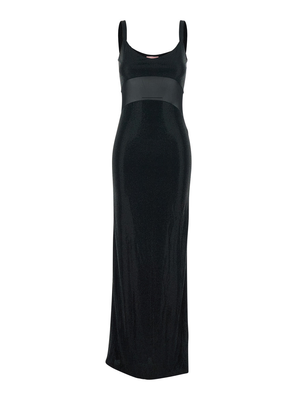 Long Anse Dress With Thin Straps And Applied Rhinestones Black Tech Fabric